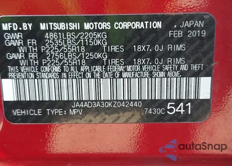 2019 Mitsubishi Outlander Se from USA, damaged, VIN JA4AD3A30KZ042440